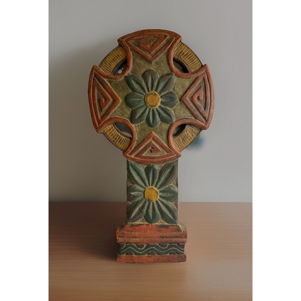 World Market Hand Carved Wood Cross Plaque Painted Polychrome Folk Art Batak